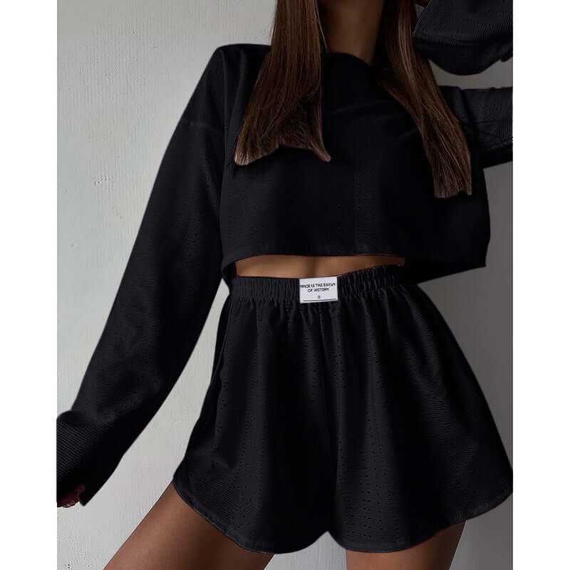 Women's Eyelet Knit Lounge Set - Crop Top & Shorts