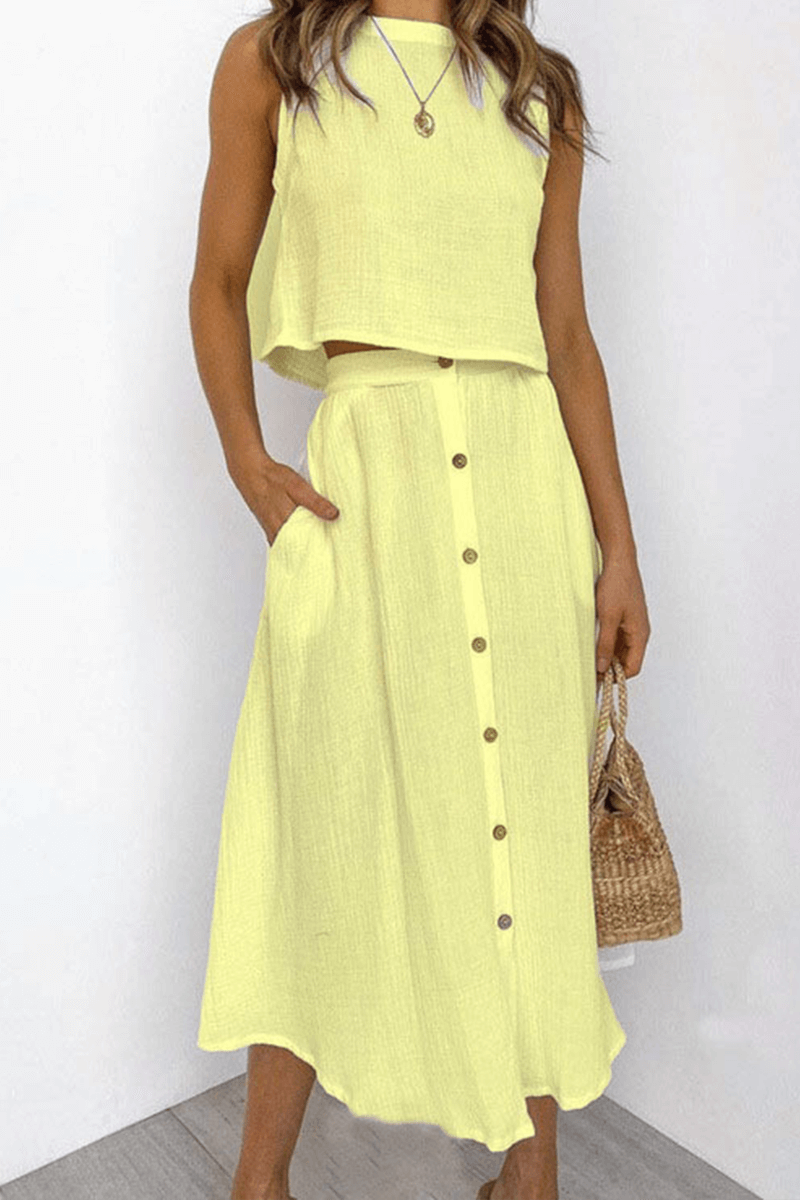 Women's Relaxed Round Neck Top and Midi Skirt Set