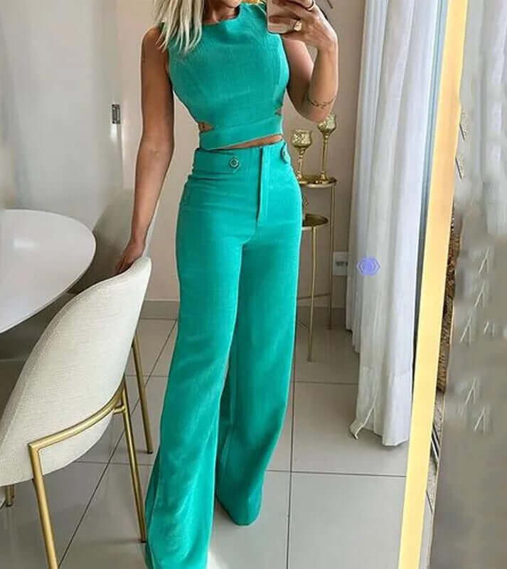 Women's Round Neck Top and Wide Leg Trouser Set