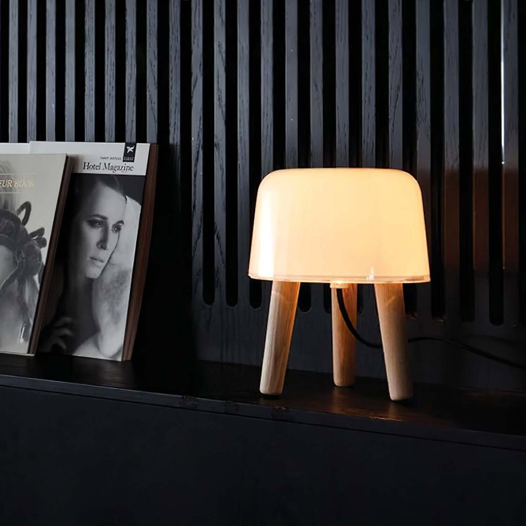 Wooden Tripod Table Lamp with Glass Shade