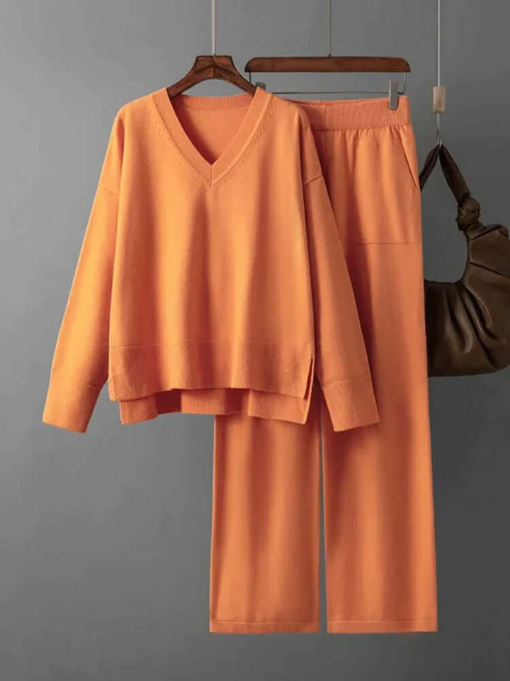 Women's V-Neck Sweater and Wide-Leg Trousers Set