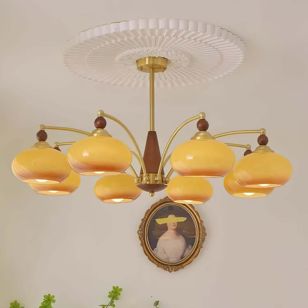 Retro Wood & Brass Chandelier