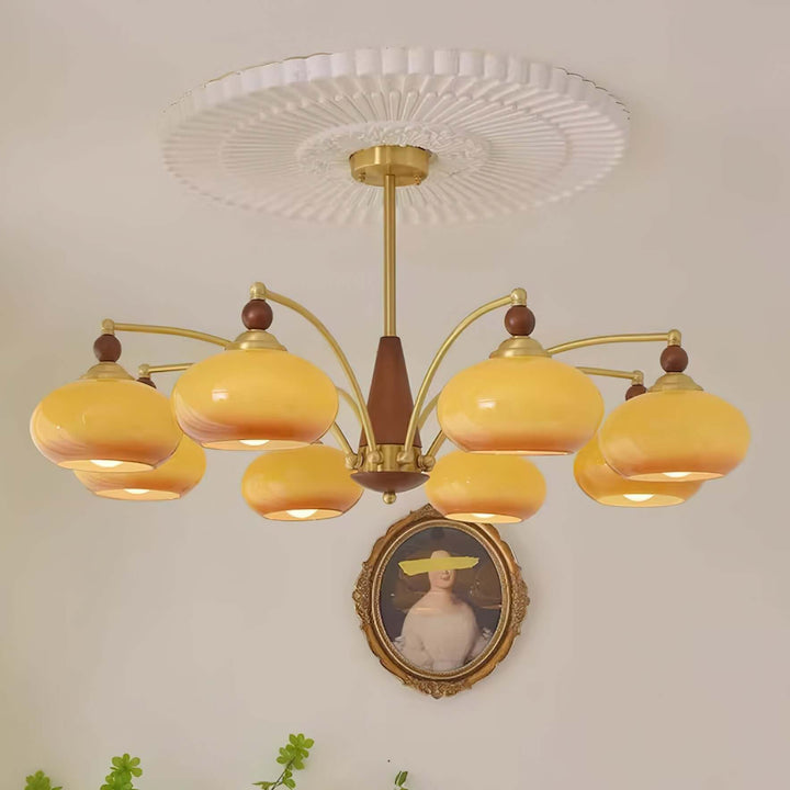 Retro Wood & Brass Chandelier