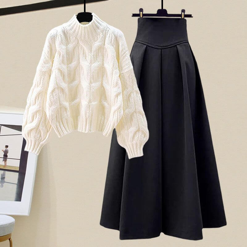 Women's Knitted Sweater and Pleated Midi Skirt Set