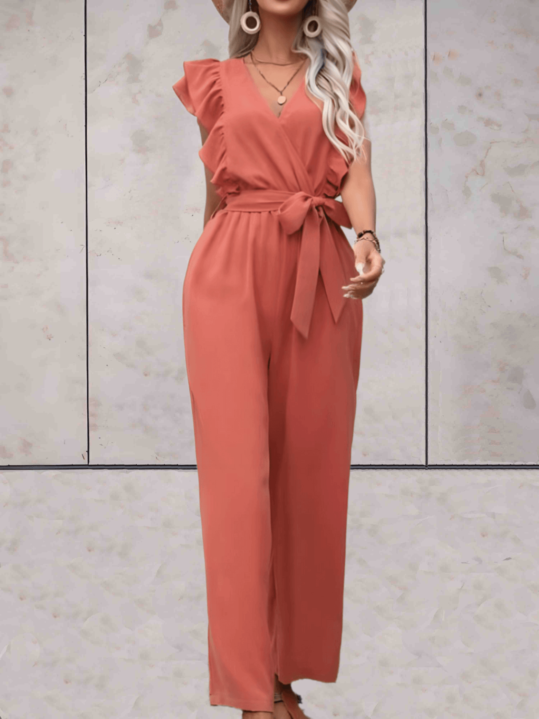 Women's Ruffle Sleeve V-Neck Jumpsuit