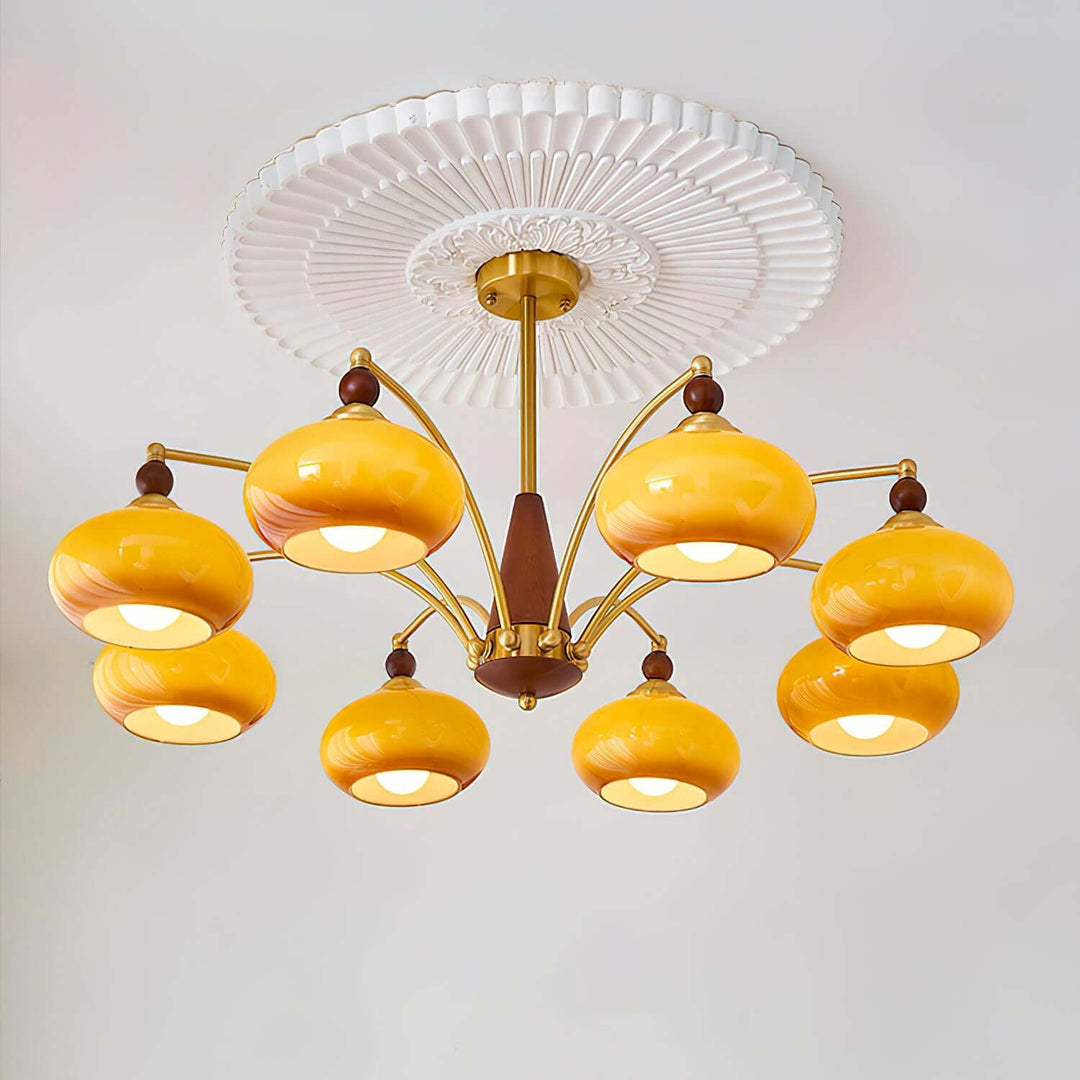 Retro Wood & Brass Chandelier