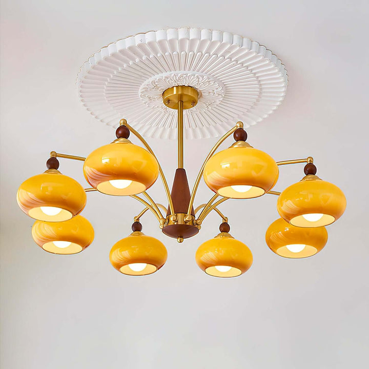 Retro Wood & Brass Chandelier