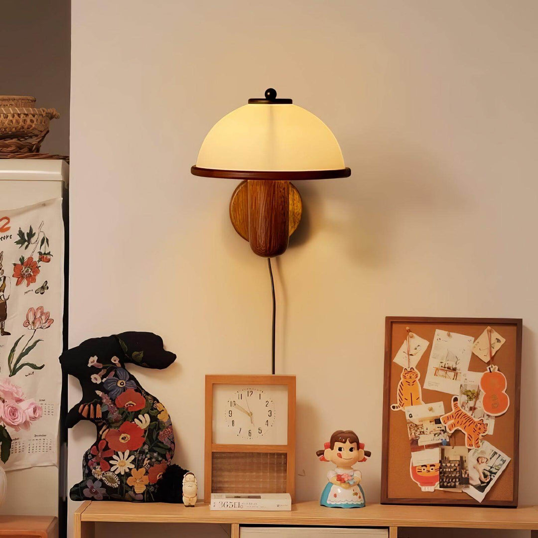 Oak Wood Mushroom Wall Light with White Shade