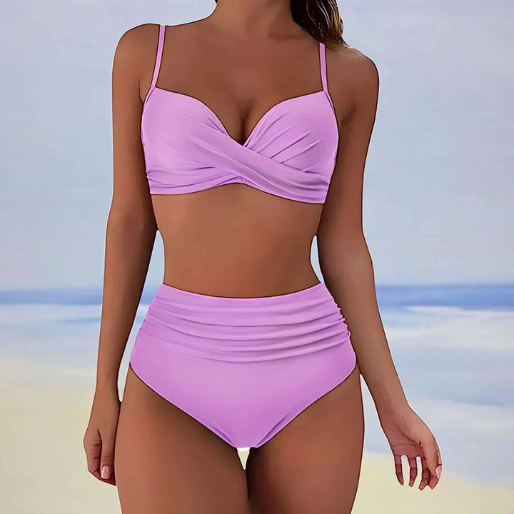 Women's Fashionable Bikini Set with Front Tie and High-Waisted Bottom