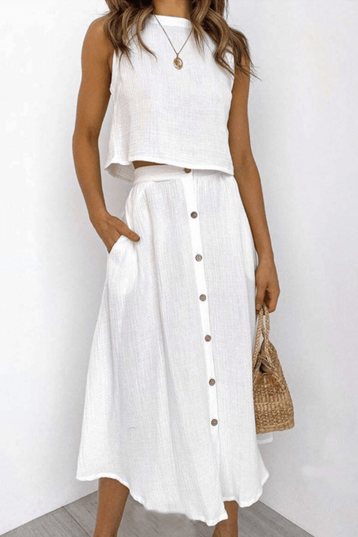 Women's Relaxed Round Neck Top and Midi Skirt Set