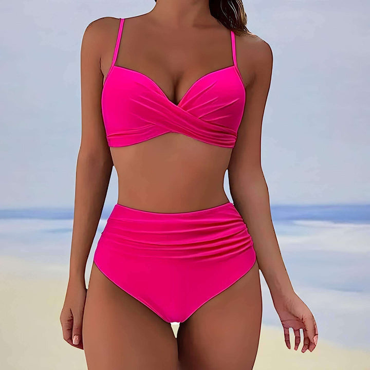 Women's Fashionable Bikini Set with Front Tie and High-Waisted Bottom