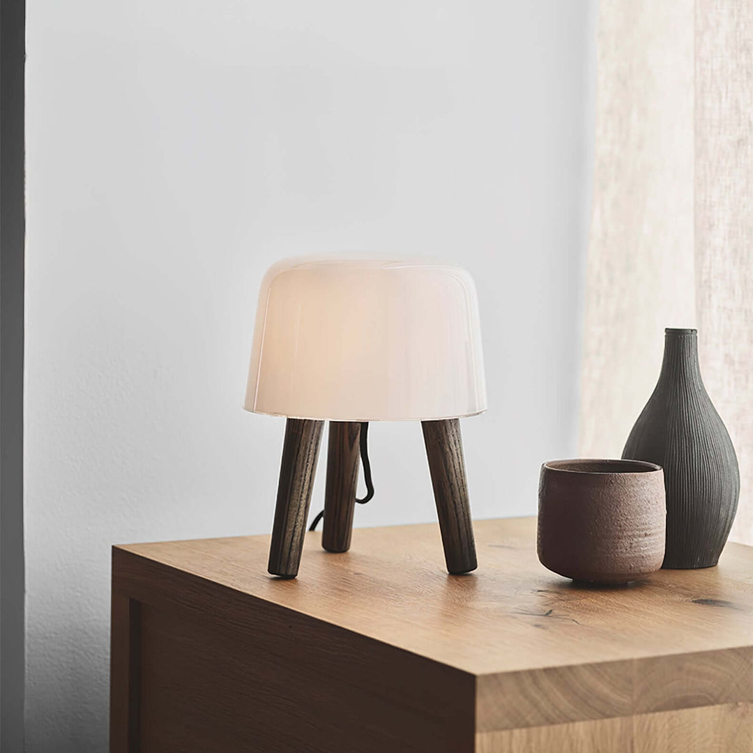 Wooden Tripod Table Lamp with Glass Shade