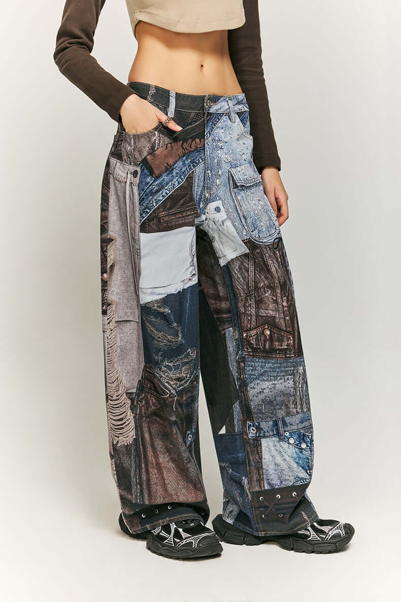 Women's Wide Leg Patchwork Print Trousers