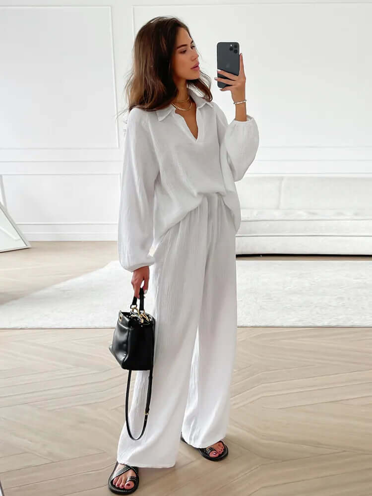 Women's Cotton Loungewear Set - V-Neck & Wide Leg