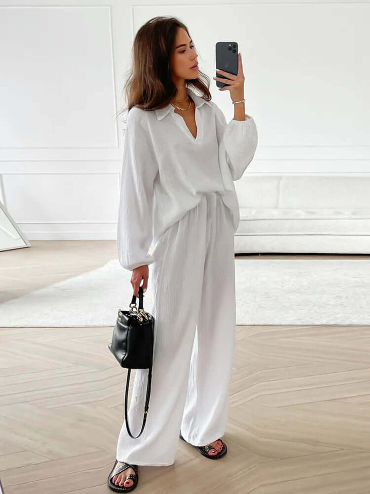 Women's Cotton Loungewear Set - V-Neck & Wide Leg