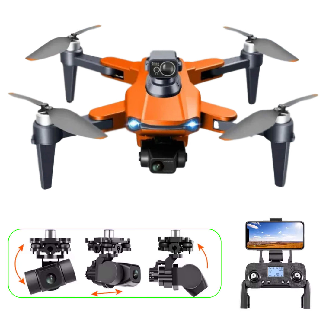 "8K HD Pro Drone with dual cameras, GPS, brushless motors in gray and orange, stylish and compact for aerial photography."
