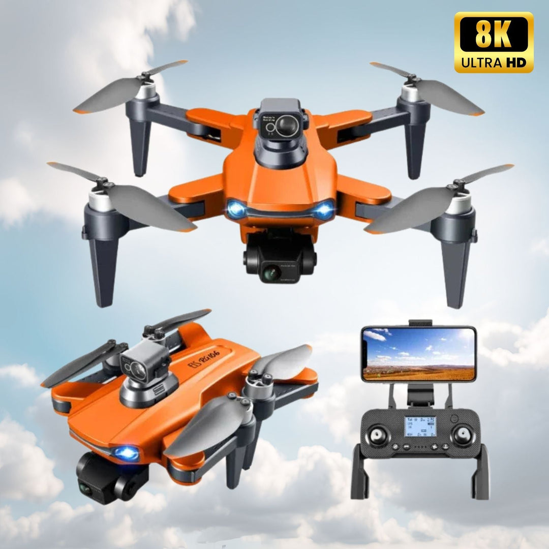 "8K HD Pro Drone with dual cameras, GPS, brushless motors in gray and orange, stylish and compact for aerial photography."