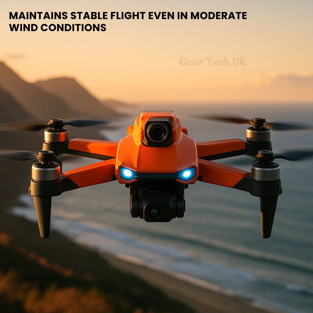 "8K HD Pro Drone with dual cameras, GPS, brushless motors in gray and orange, stylish and compact for aerial photography."