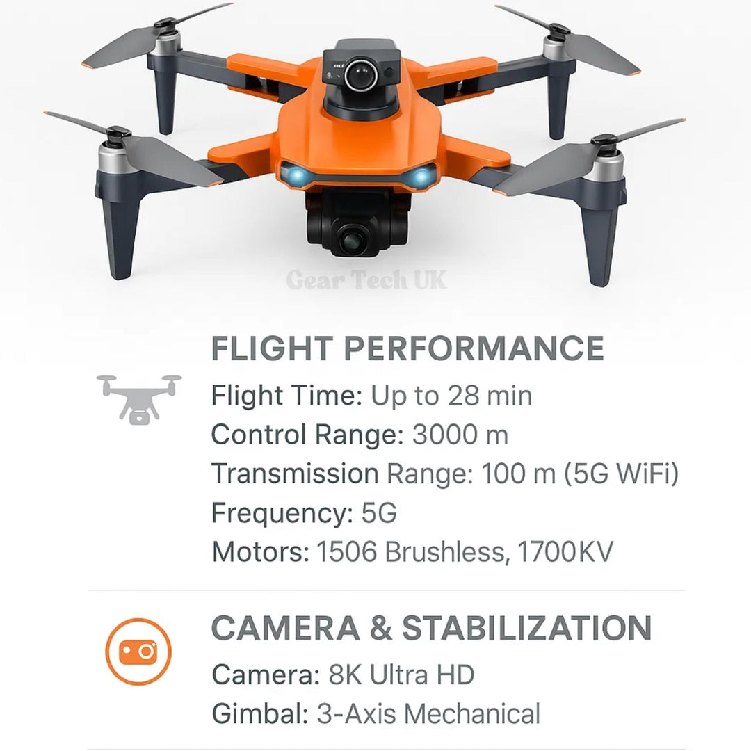 "8K HD Pro Drone with dual cameras, GPS, brushless motors in gray and orange, stylish and compact for aerial photography."