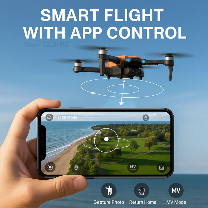 "8K HD Pro Drone with dual cameras, GPS, brushless motors in gray and orange, stylish and compact for aerial photography."