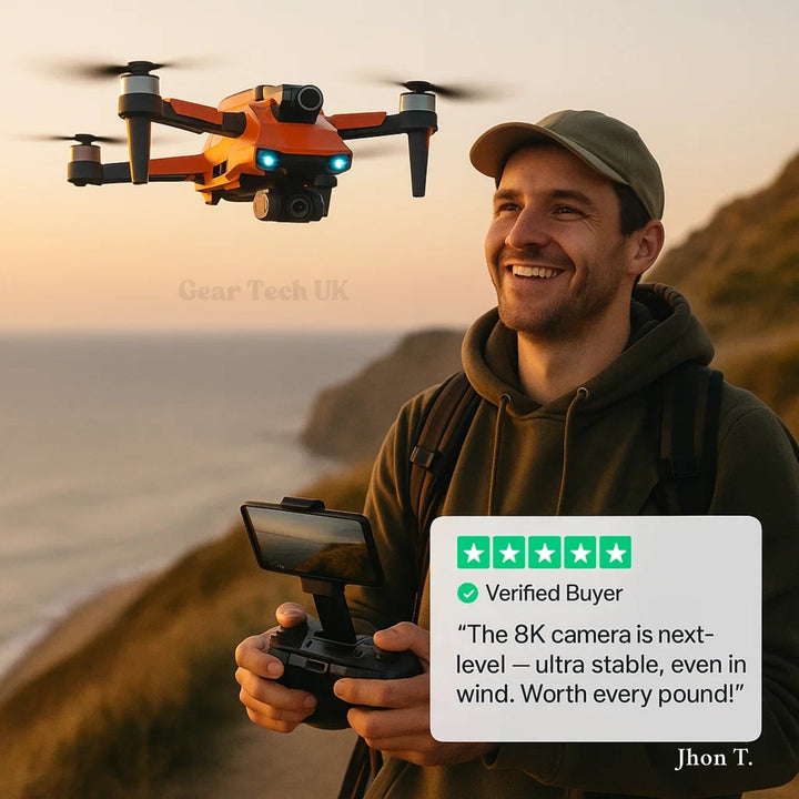 "8K HD Pro Drone with dual cameras, GPS, brushless motors in gray and orange, stylish and compact for aerial photography."