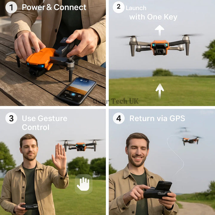 "8K HD Pro Drone with dual cameras, GPS, brushless motors in gray and orange, stylish and compact for aerial photography."