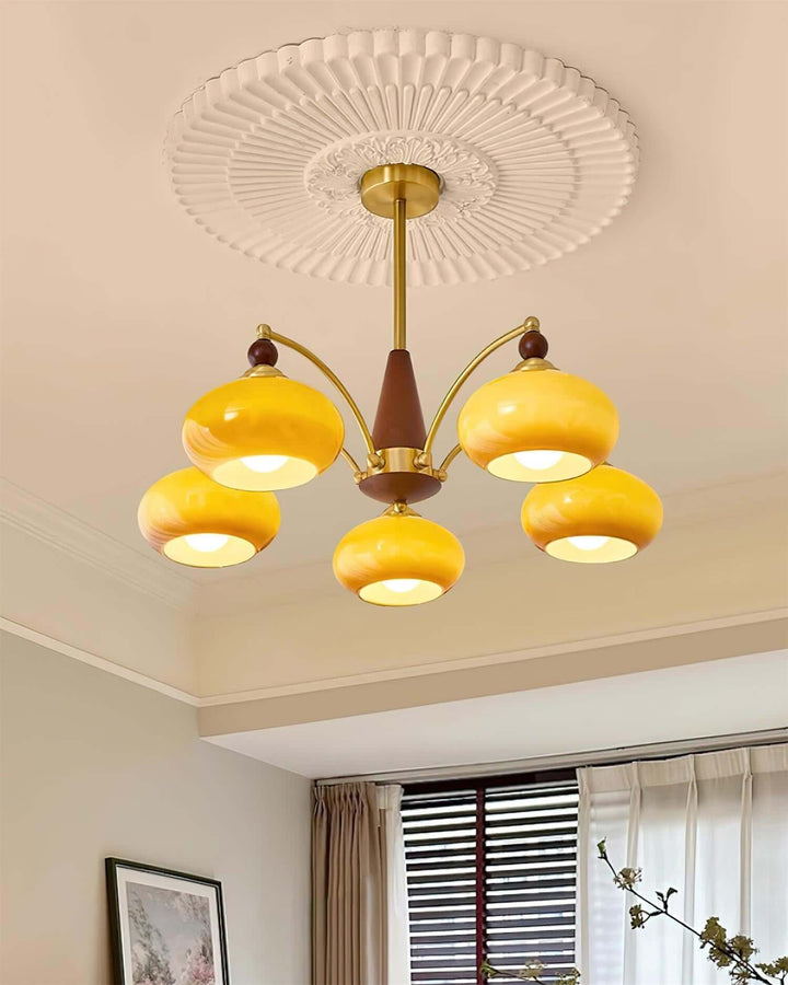 Retro Wood & Brass Chandelier