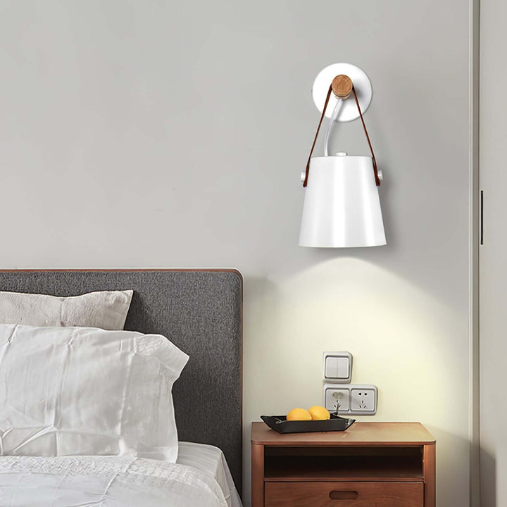 Conical Wooden Wall Light with Leather Strap
