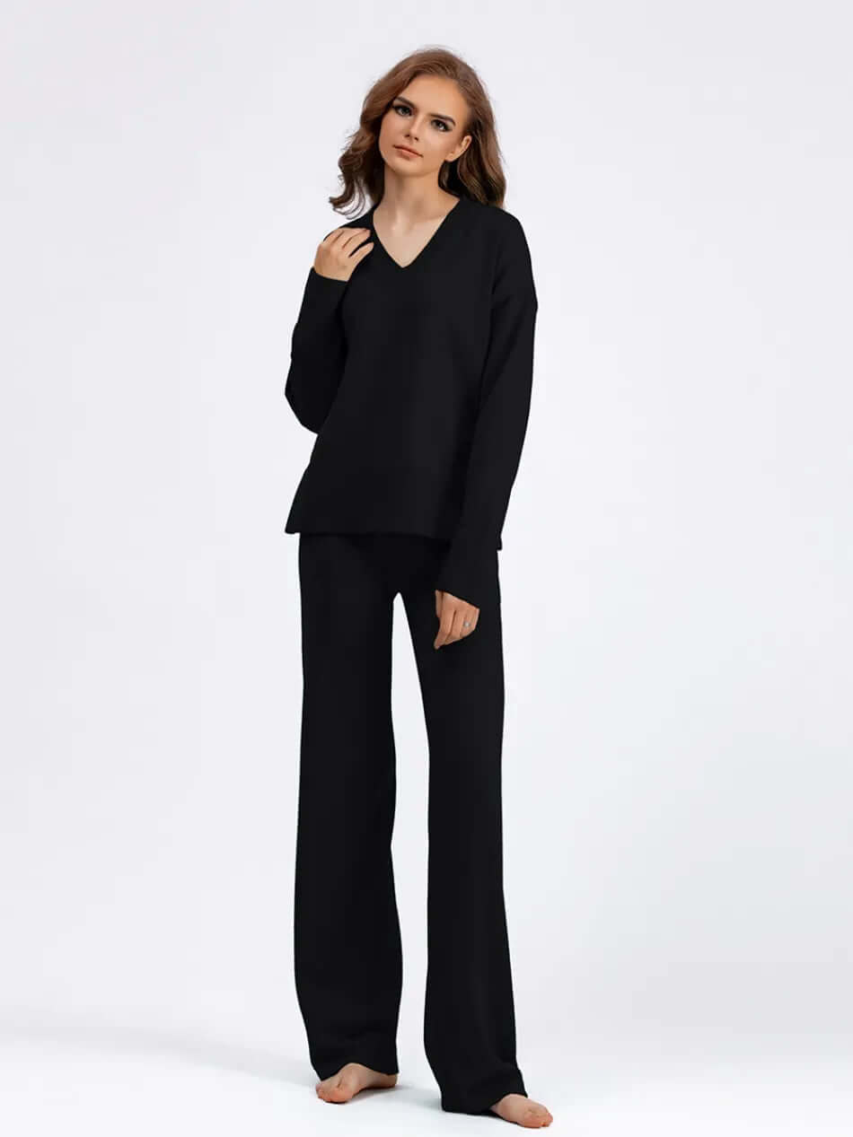 Women's V-Neck Sweater and Wide-Leg Trousers Set