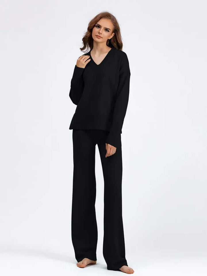 Women's V-Neck Sweater and Wide-Leg Trousers Set