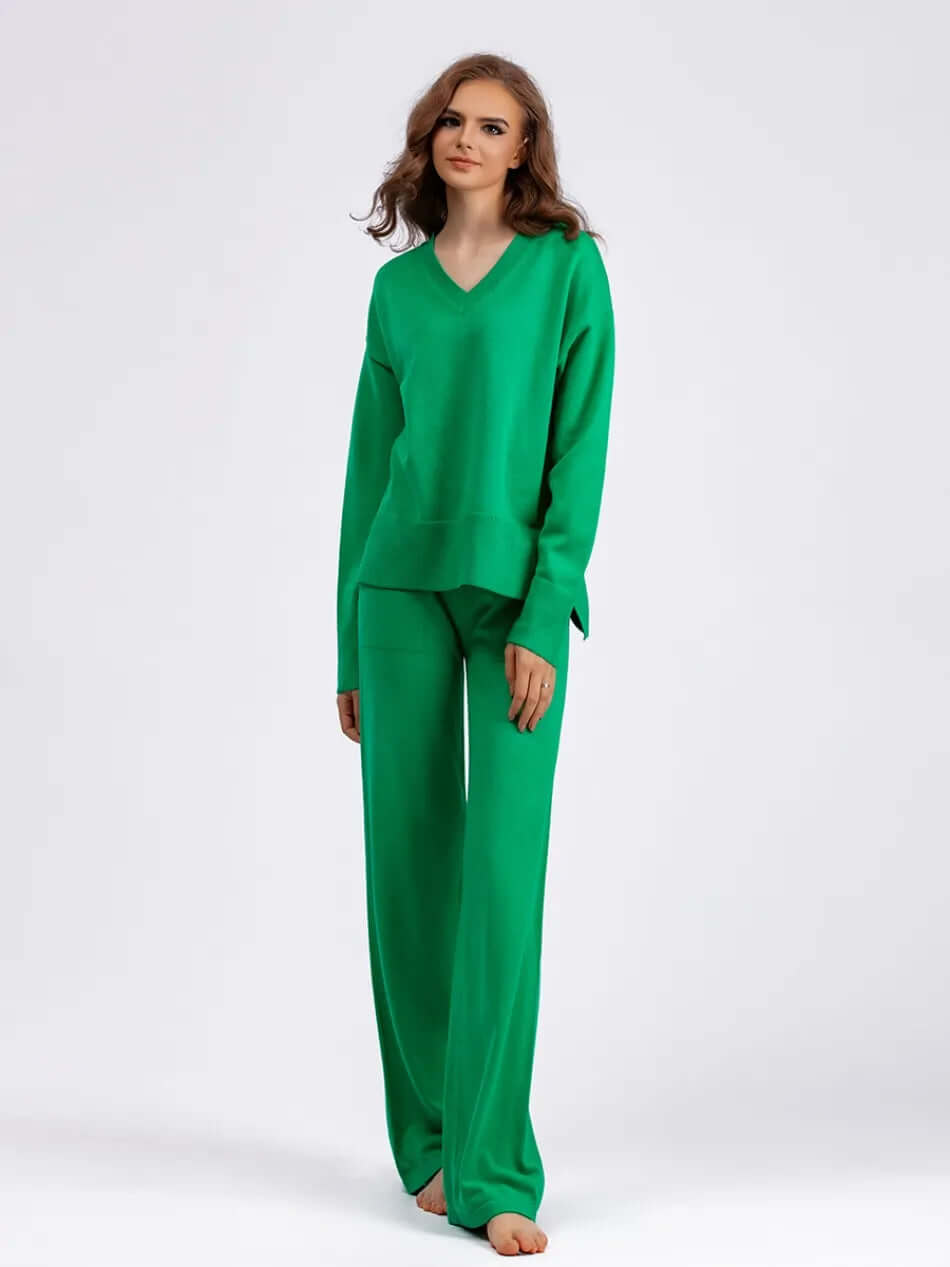 Women's V-Neck Sweater and Wide-Leg Trousers Set