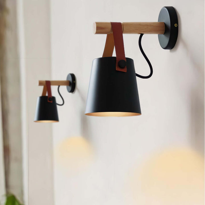 Conical Wooden Wall Light with Leather Strap