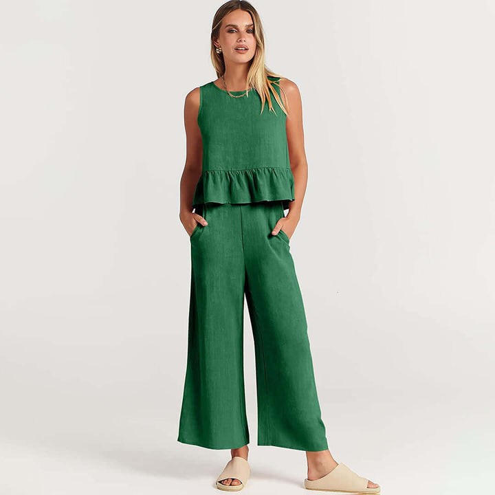 Women's Ruffled Sleeveless Top & Wide-Leg Pants Set