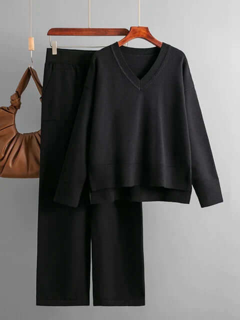 Women's V-Neck Sweater and Wide-Leg Trousers Set