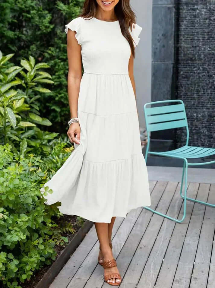 Women's Pleated Midi Dress with Flying Sleeves