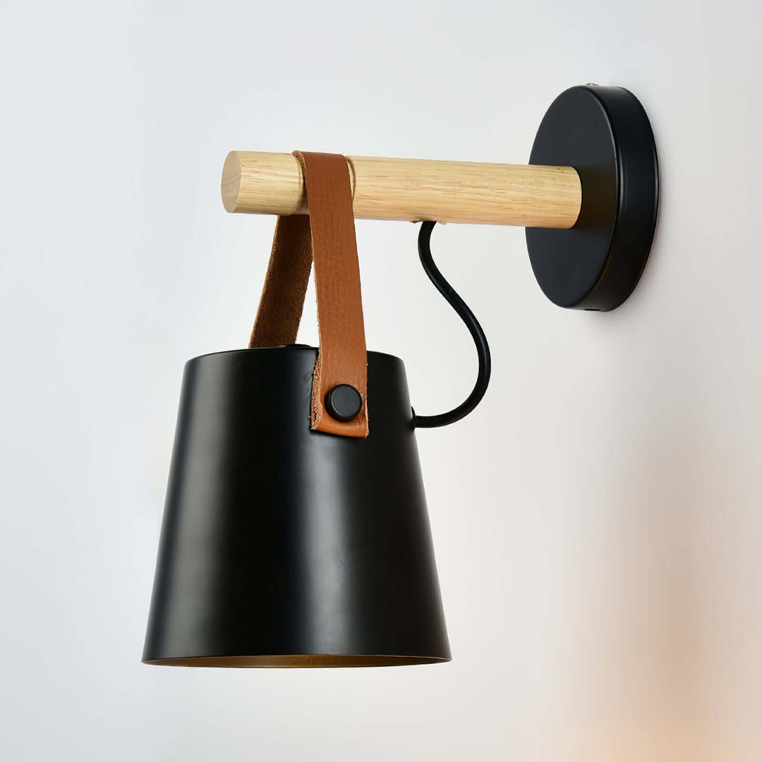 Conical Wooden Wall Light with Leather Strap