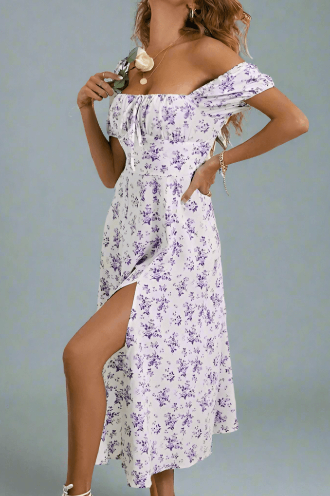 Women White Floral Dress Purple Flowers