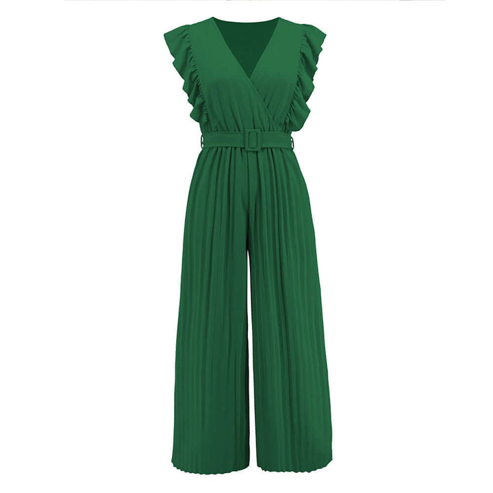 Women's Ruffled V-Neck Jumpsuit with Belt