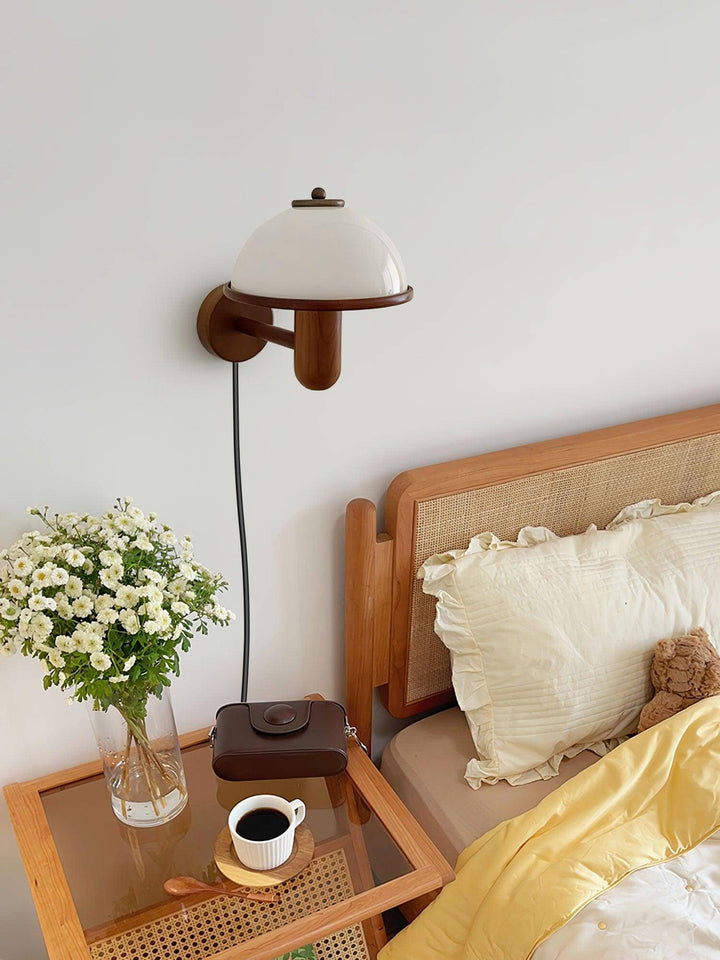 Oak Wood Mushroom Wall Light with White Shade
