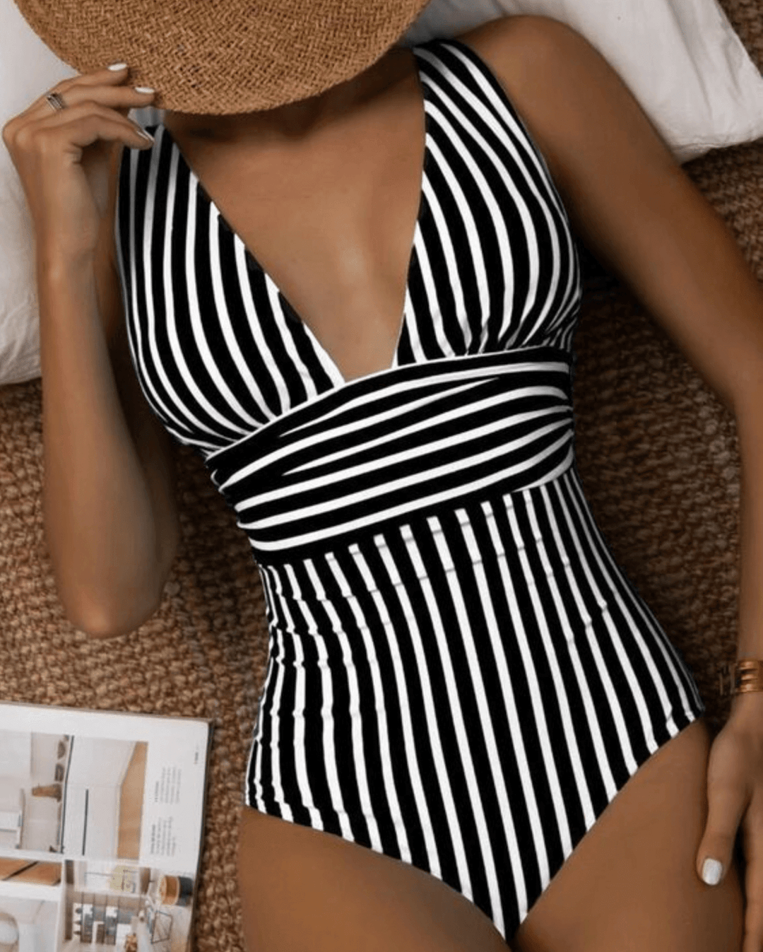 Women's Striped Halter Neck Backless One-Piece Swimsuit