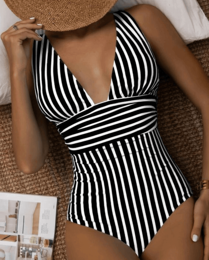 Women's Striped Halter Neck Backless One-Piece Swimsuit
