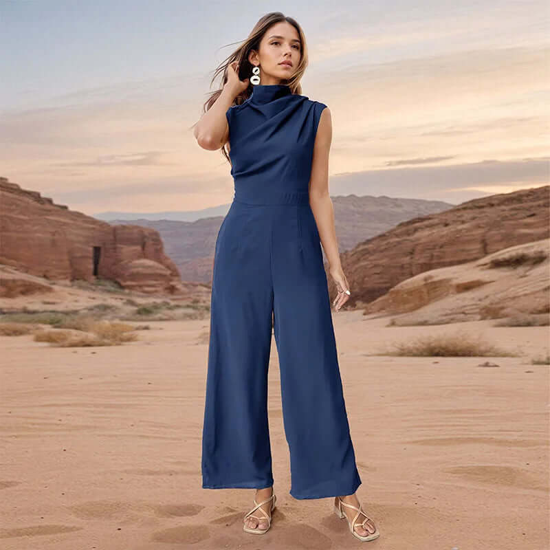 Women's Sleeveless High Collar Top and Wide-Leg Pants Set