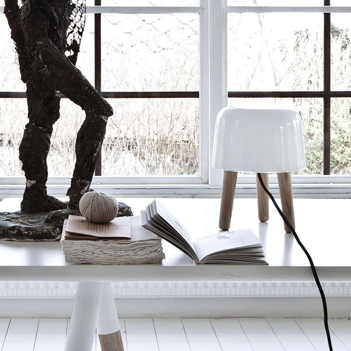 Wooden Tripod Table Lamp with Glass Shade