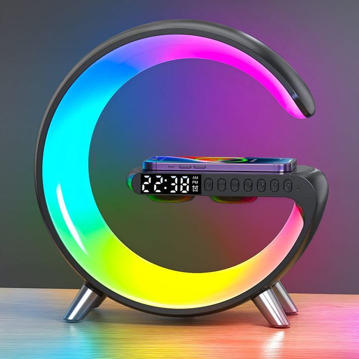 Multifunction Bedside Smart Clock: Digital alarm, wireless charger, Bluetooth speaker, mood light.