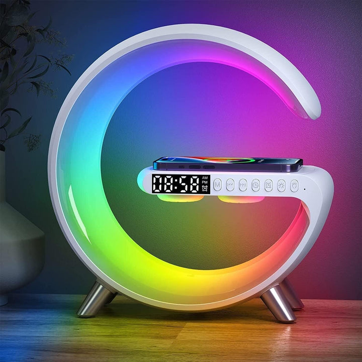 Modern Smart Alarm Clock with Wireless Charger, Bluetooth Speaker & Atmosphere Lamp.