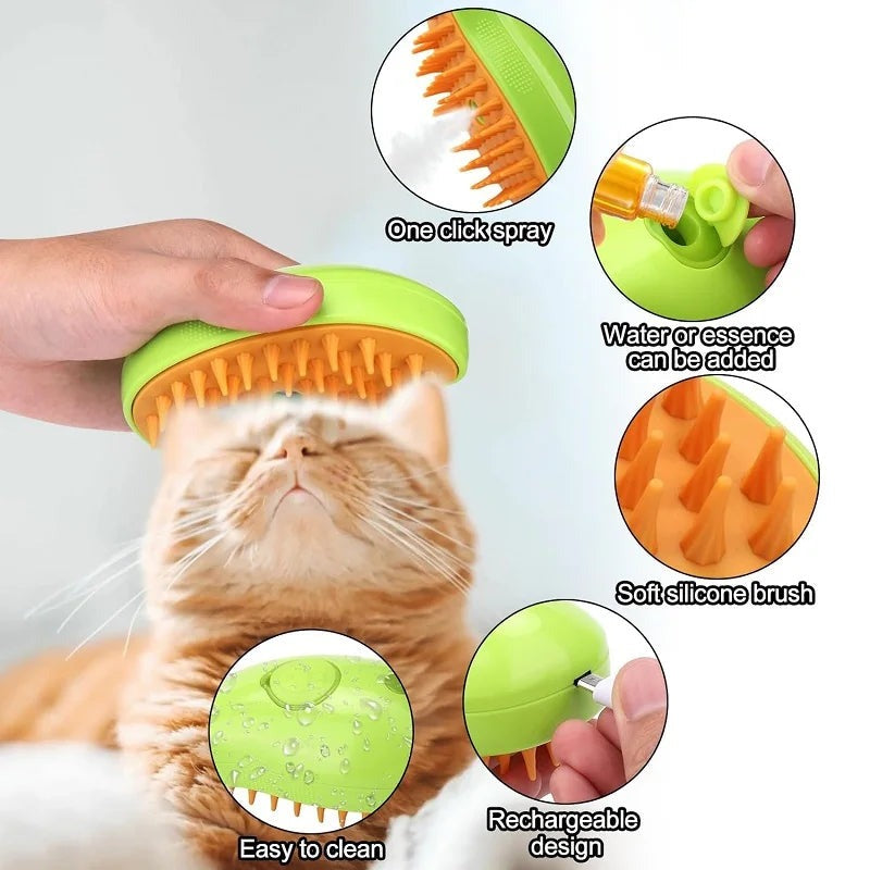 Pet Steam Cat Brush ensuring a shiny, healthy coat and removing loose fur for optimal cat grooming & pet care.