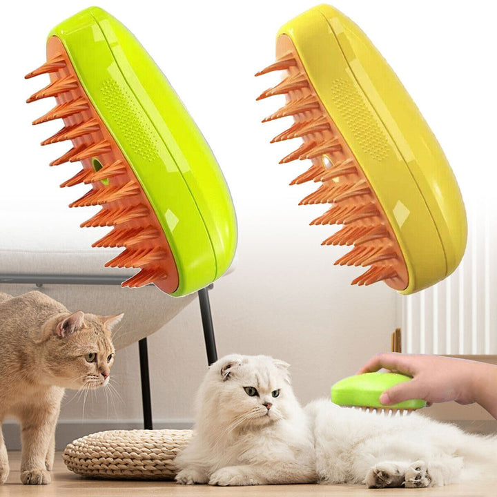 Happy cat being groomed with a Pet 3-in-1 Steam Brush, easily removing loose fur for a healthy coat.