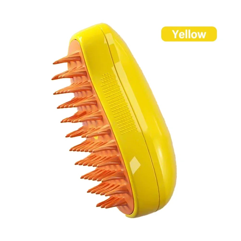 Close-up of the Pet Steam Cat Brush releasing gentle steam for effective grooming & fur removal from cats.