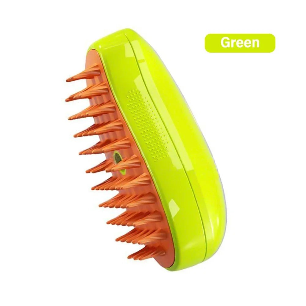 Pet 3-in-1 Steam Cat Brush with a pile of collected fur, showing efficient de-shedding & clean pet grooming.