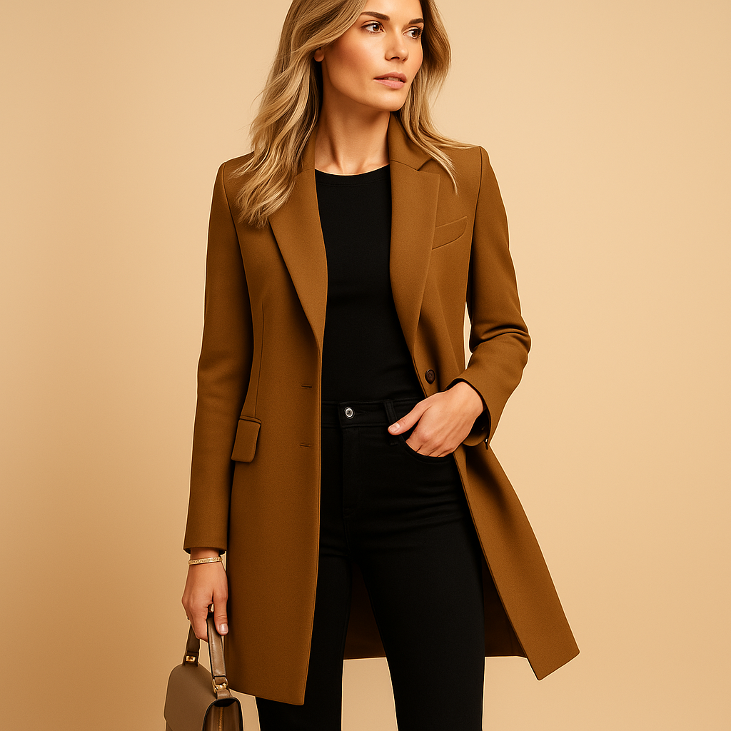 Elegant women's double-breasted trench coat, classic tailored fit, sophisticated outerwear for versatile style.